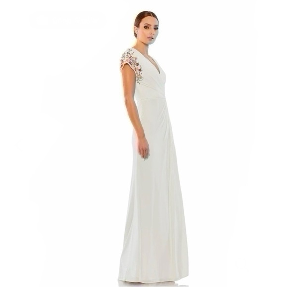 Mac Duggal Beaded Cap-Sleeve Jersey Gown White - Picture 2 of 14